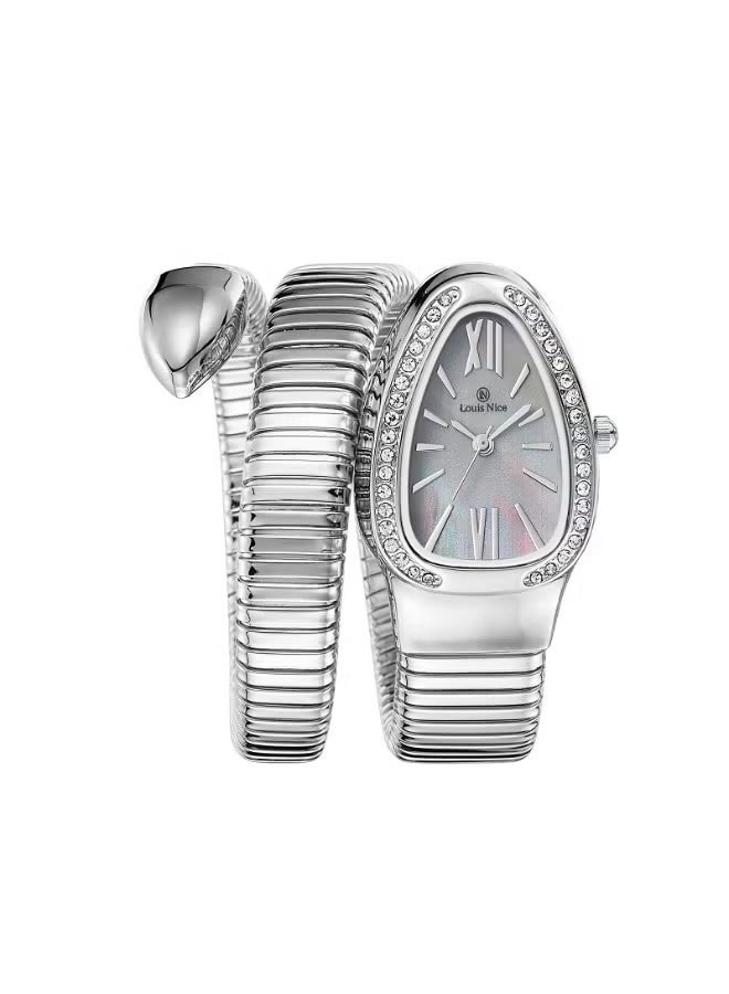 A women's watch with a "snake" design from Louis Nice, featuring a water-resistant case and mother-of-pearl dial, inspired by Bulgari's famous design.